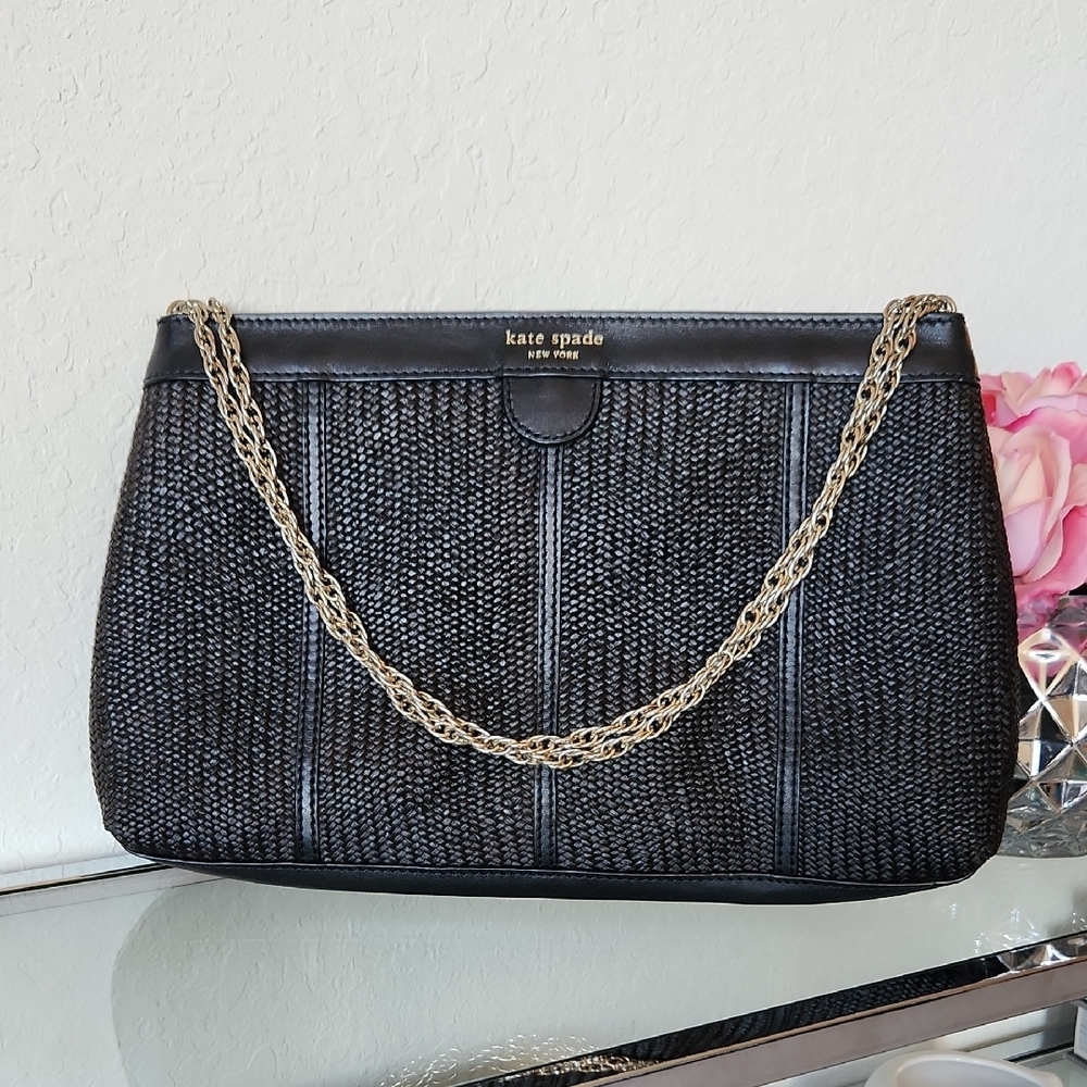 Kate Spade Black Woven/Straw Bag With Chain Strap